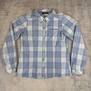 KJUS Shirt Womens XL Blue White Long Sleeve Plaid Button Down Performance Golf